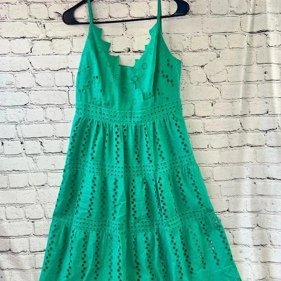 Kobi Halperin Green Eyelet Tiered Midi Cotton Dress V-Neck‎ Sleeveless Medium - Picture 2 of 15